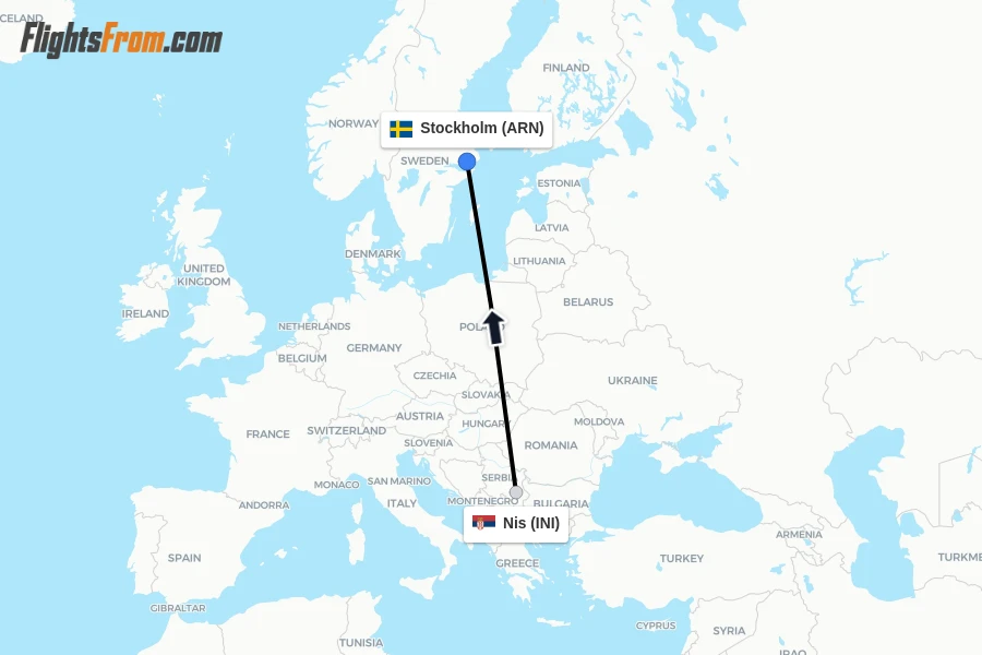 Flights from Nis to Stockholm route map