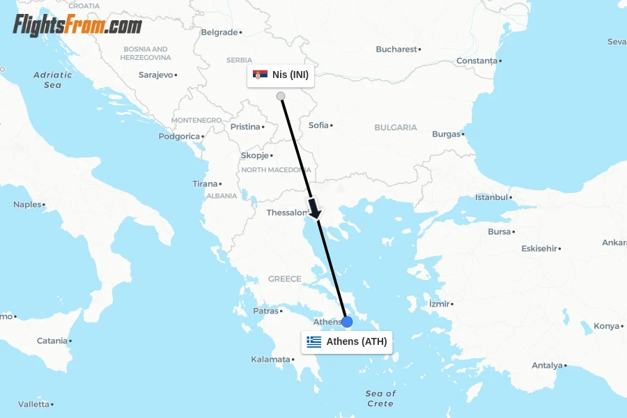 Flights from Nis to Athens route map