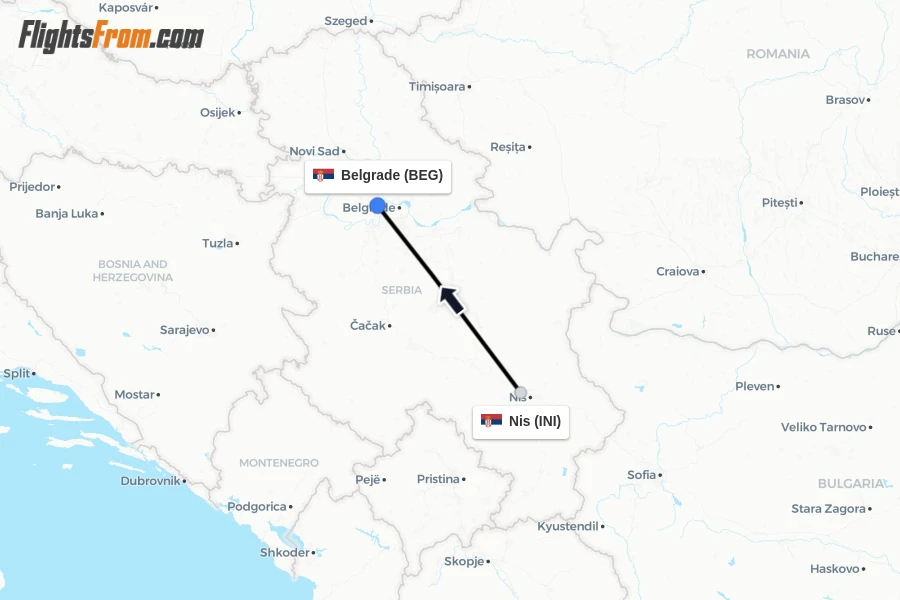 Flights from Nis to Belgrade route map