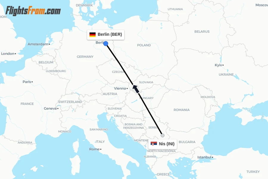 Flights from Nis to Berlin route map
