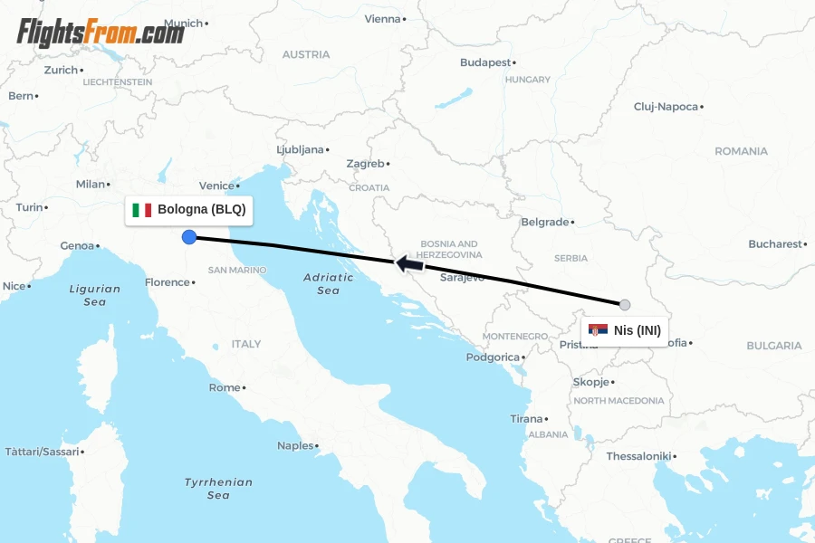 Flights from Nis to Bologna route map