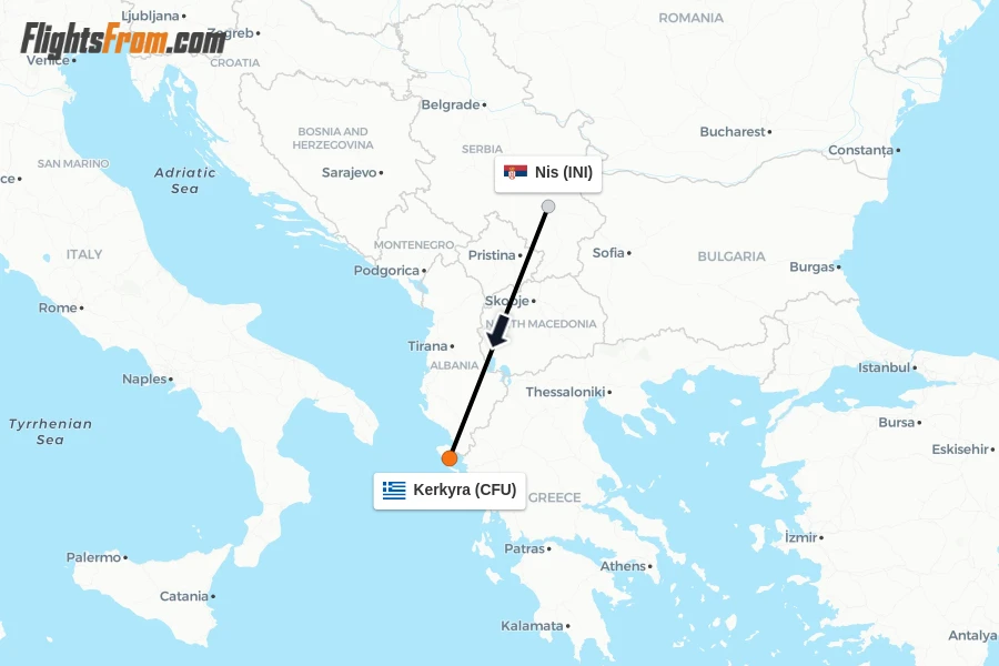 Flights from Nis to Kerkyra route map