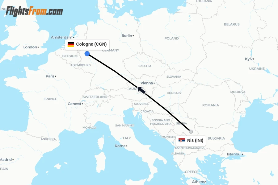 Flights from Nis to Cologne route map