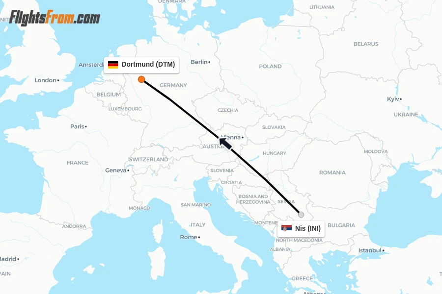 Flights from Nis to Dortmund route map