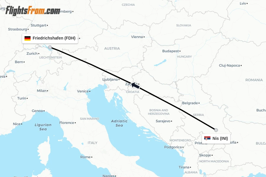 Flights from Nis to Friedrichshafen route map