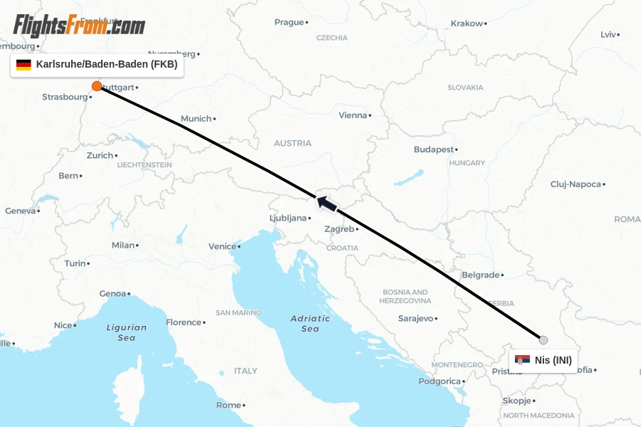 Flights from Nis to Karlsruhe/Baden-Baden route map