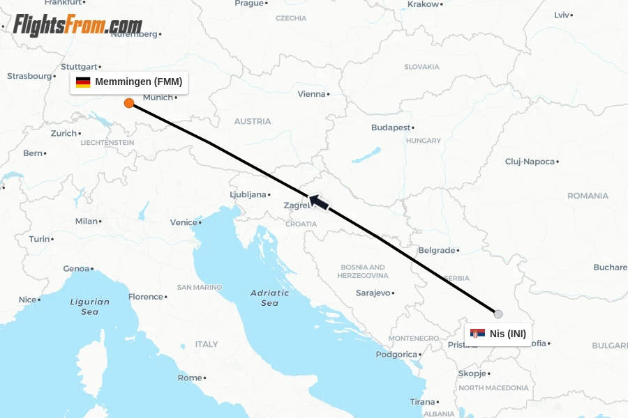 Flights from Nis to Memmingen route map