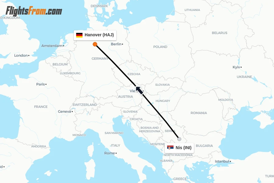 Flights from Nis to Hanover route map