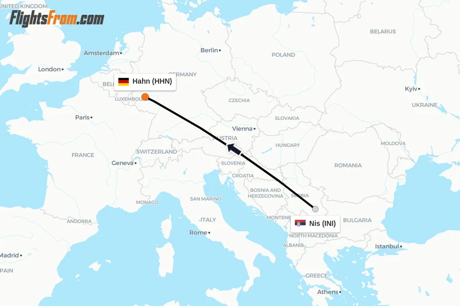 Flights from Nis to Hahn route map