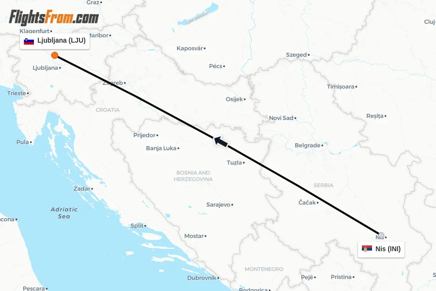 Flights from Nis to Ljubljana route map