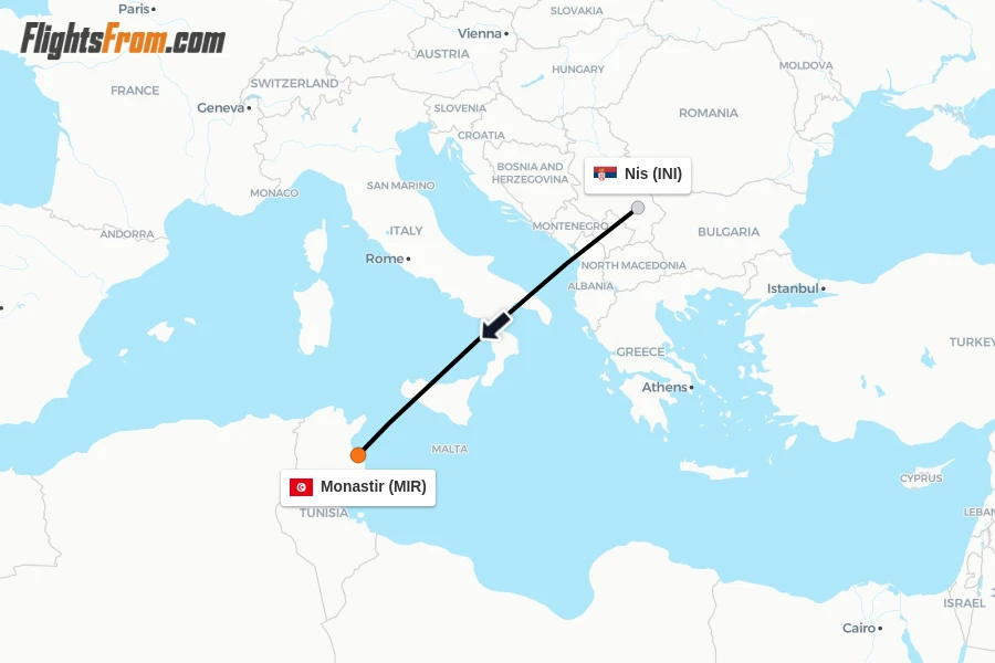 Flights from Nis to Monastir route map
