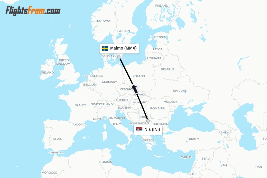 Flights from Nis to Malmo route map