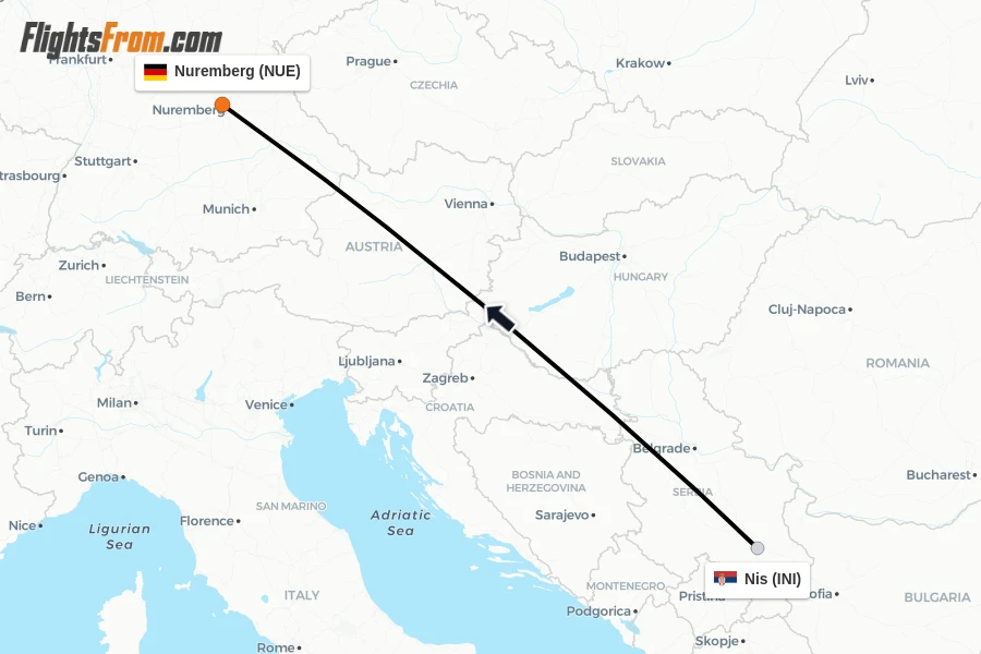Flights from Nis to Nuremberg route map