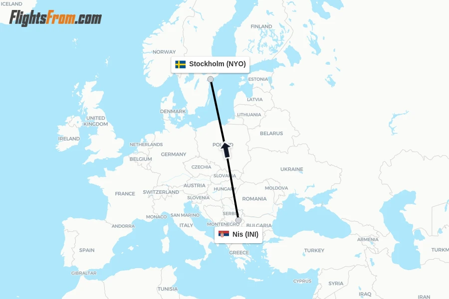 Flights from Nis to Stockholm route map