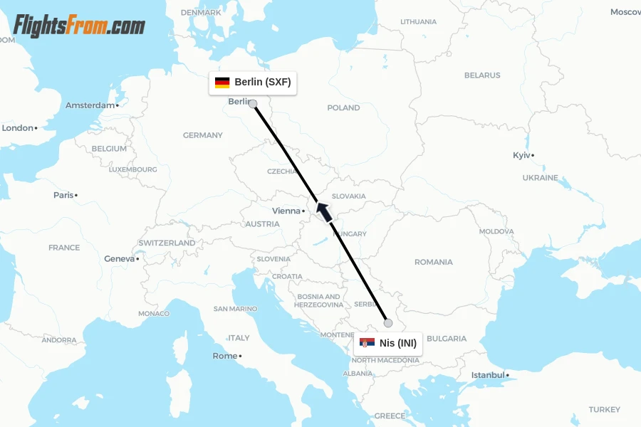 Flights from Nis to Berlin route map