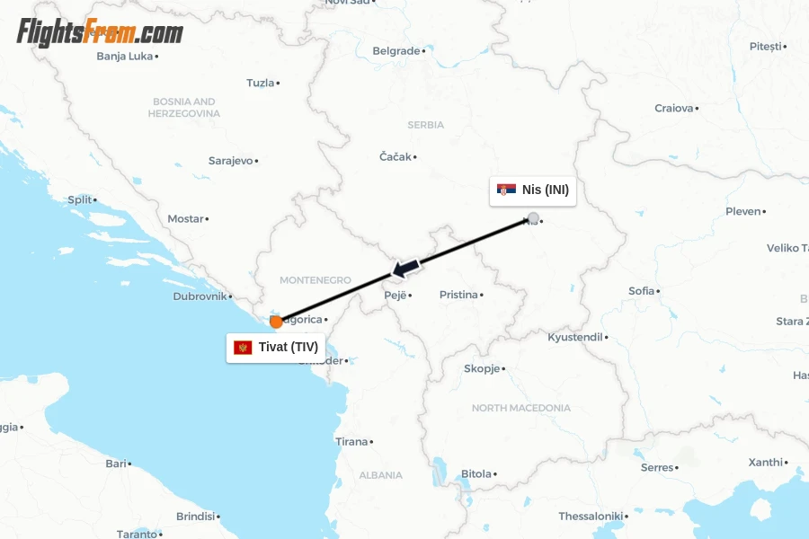 Flights from Nis to Tivat route map