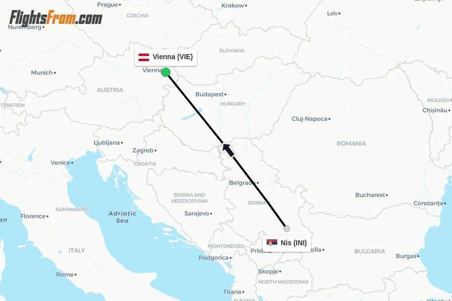 Flights from Nis to Vienna route map