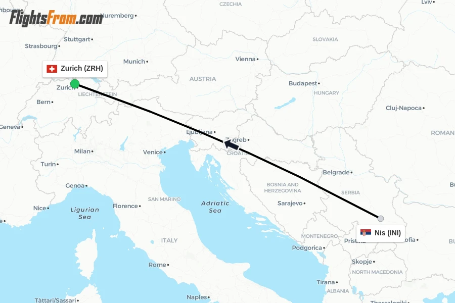 Flights from Nis to Zurich route map
