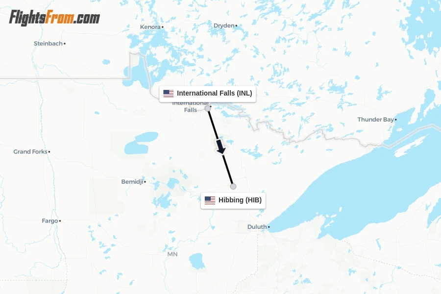 Flights from International Falls to Hibbing route map