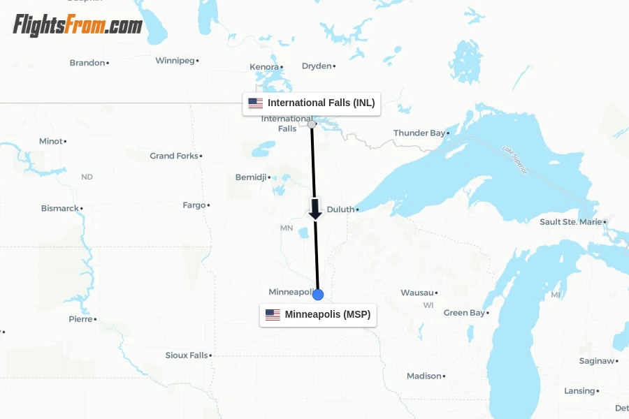 Flights from International Falls to Minneapolis route map