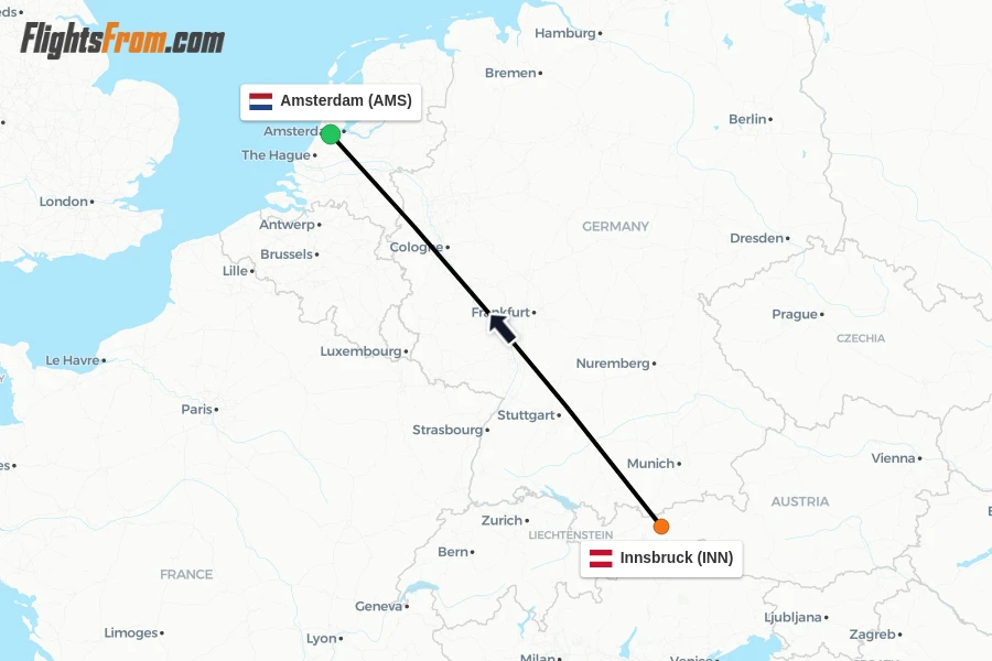 Flights from Innsbruck to Amsterdam route map