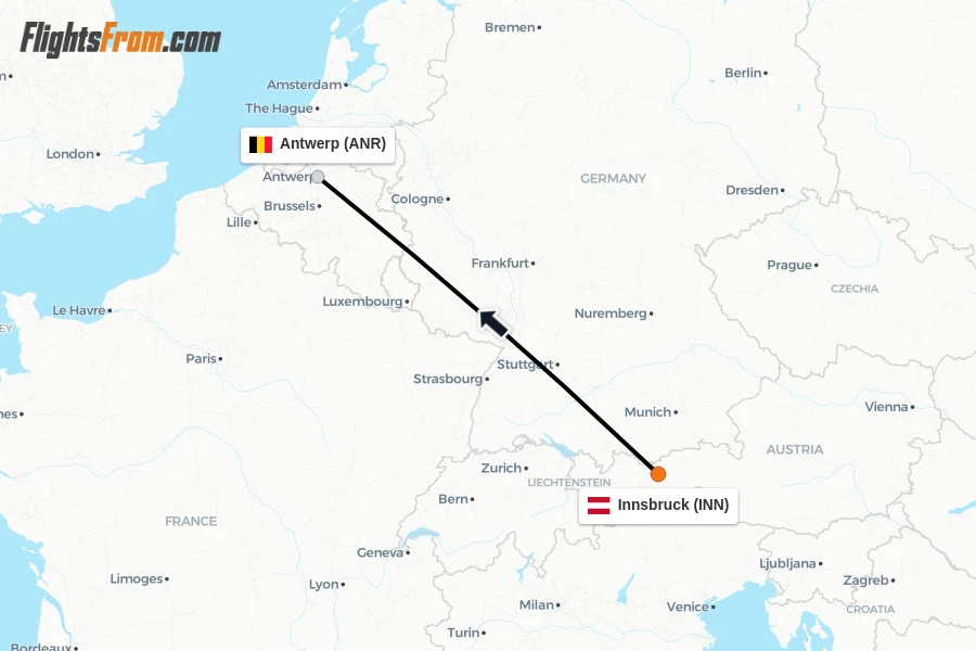 Flights from Innsbruck to Antwerp route map