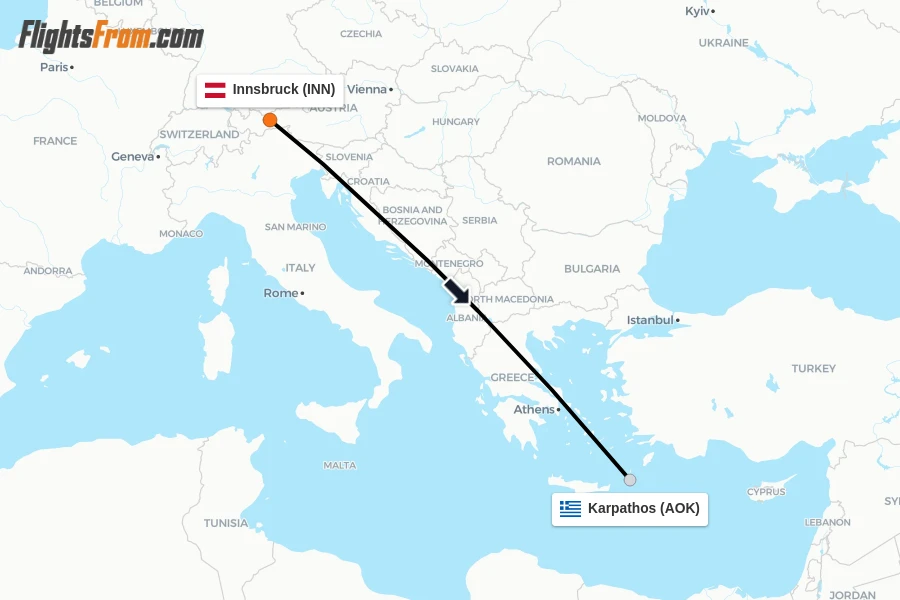 Flights from Innsbruck to Karpathos route map