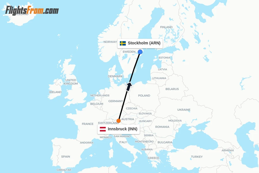 Flights from Innsbruck to Stockholm route map