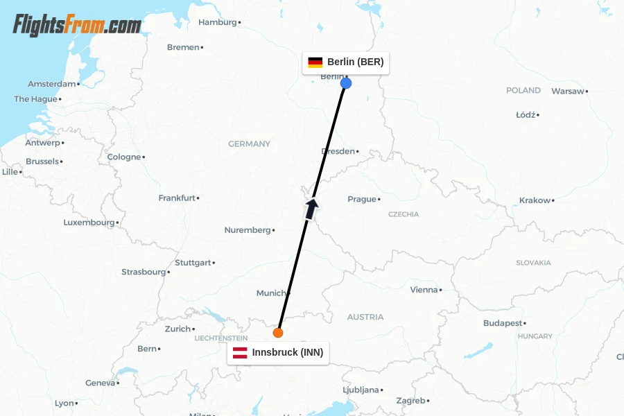 Flights from Innsbruck to Berlin route map