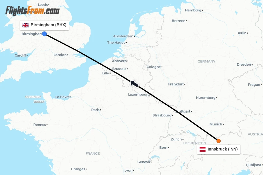 Flights from Innsbruck to Birmingham route map