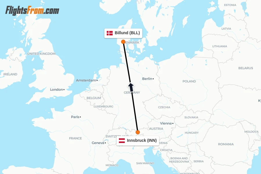 Flights from Innsbruck to Billund route map