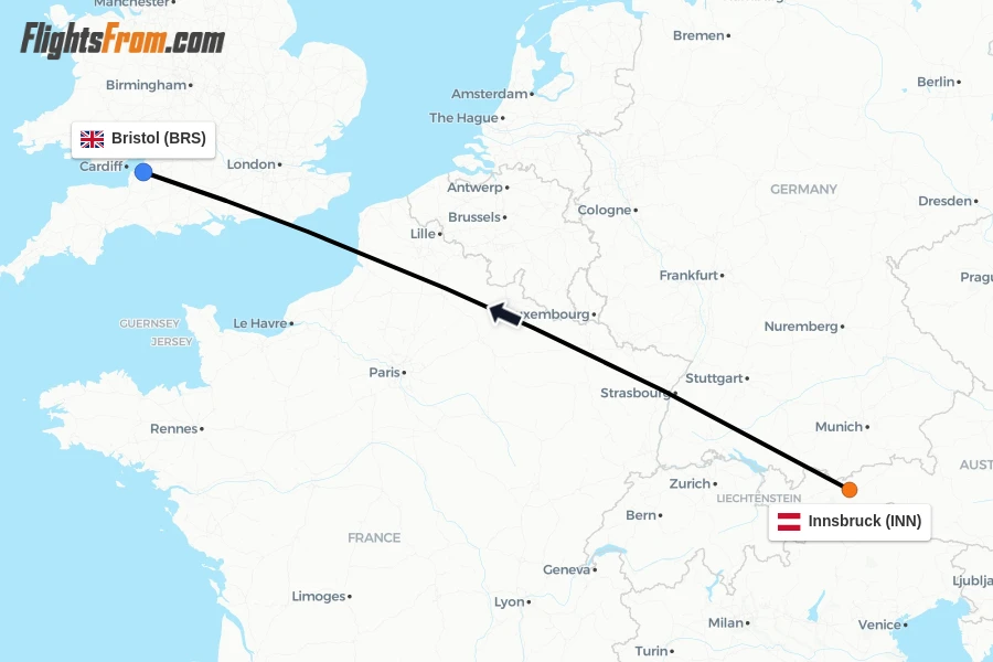 Flights from Innsbruck to Bristol route map
