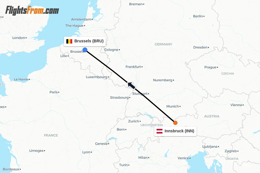 Flights from Innsbruck to Brussels route map