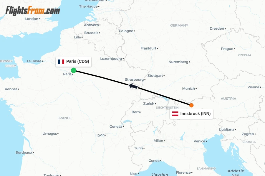 Flights from Innsbruck to Paris route map