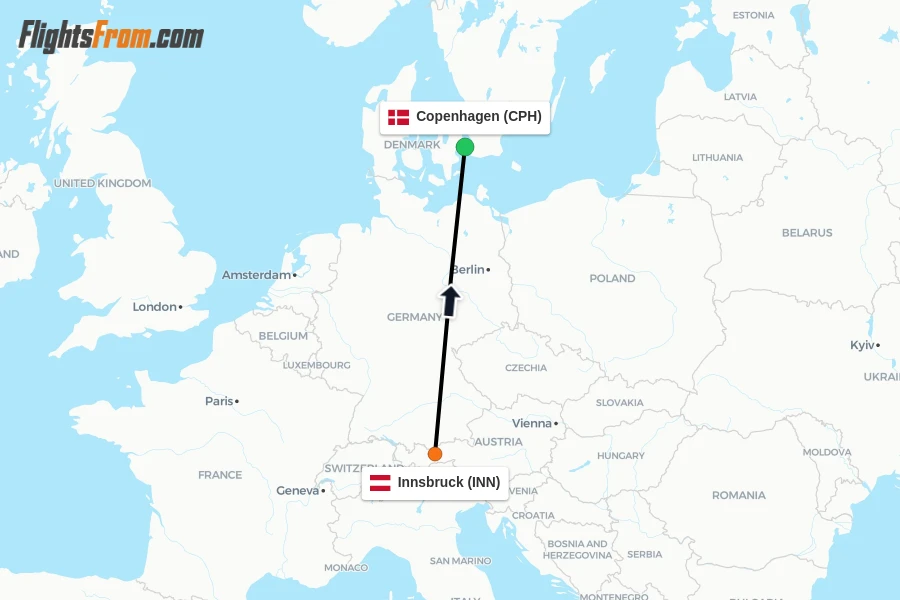 Flights from Innsbruck to Copenhagen route map