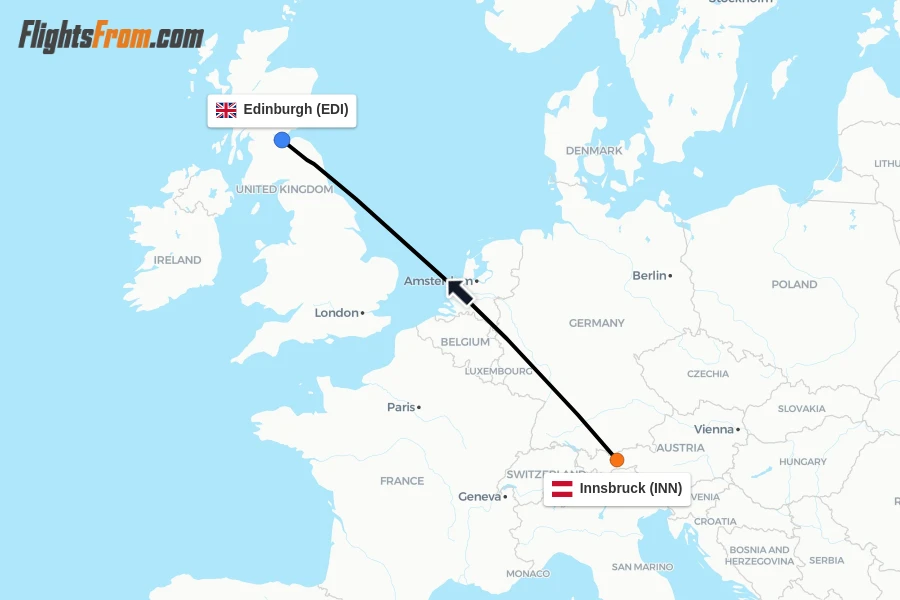 Flights from Innsbruck to Edinburgh route map