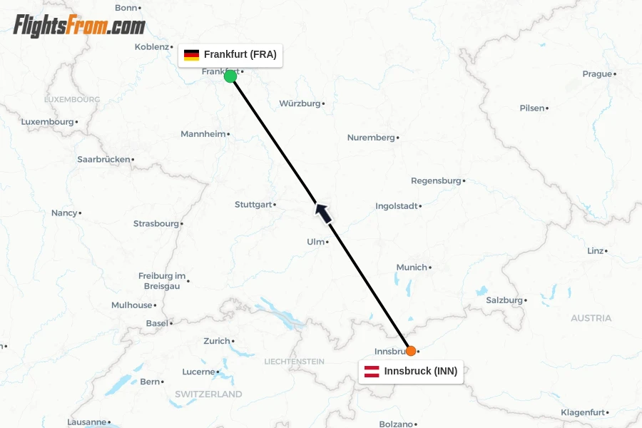 Flights from Innsbruck to Frankfurt route map