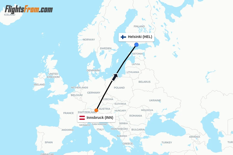 Flights from Innsbruck to Helsinki route map