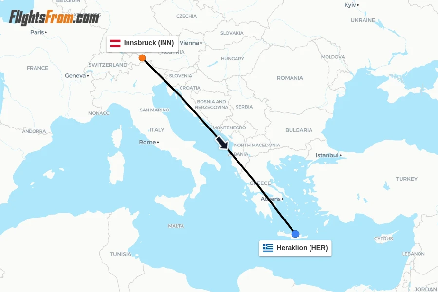 Flights from Innsbruck to Heraklion route map