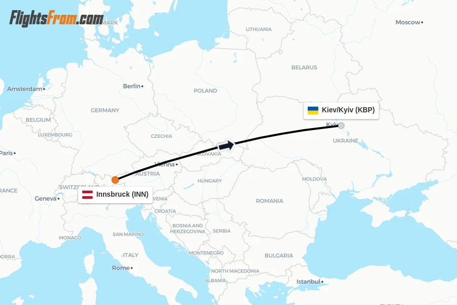 Flights from Innsbruck to Kiev/Kyiv route map