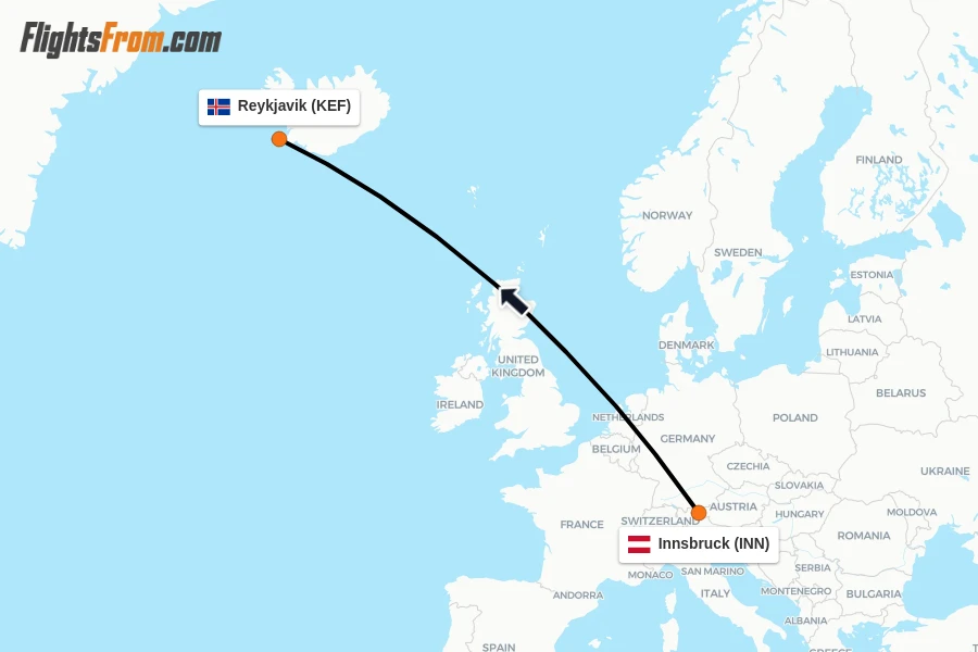 Flights from Innsbruck to Reykjavik route map