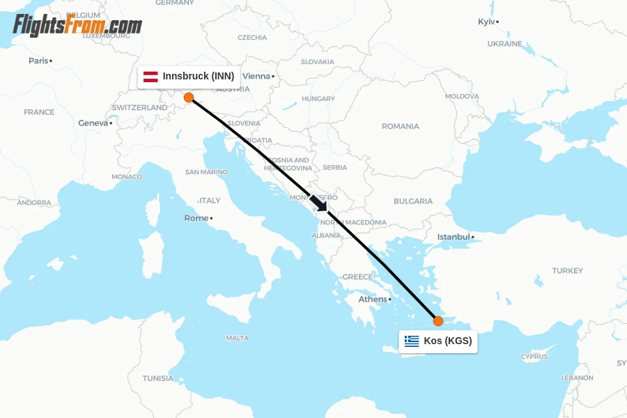 Flights from Innsbruck to Kos route map