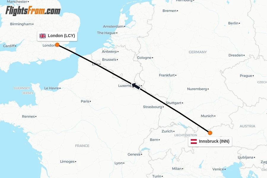 Flights from Innsbruck to London route map
