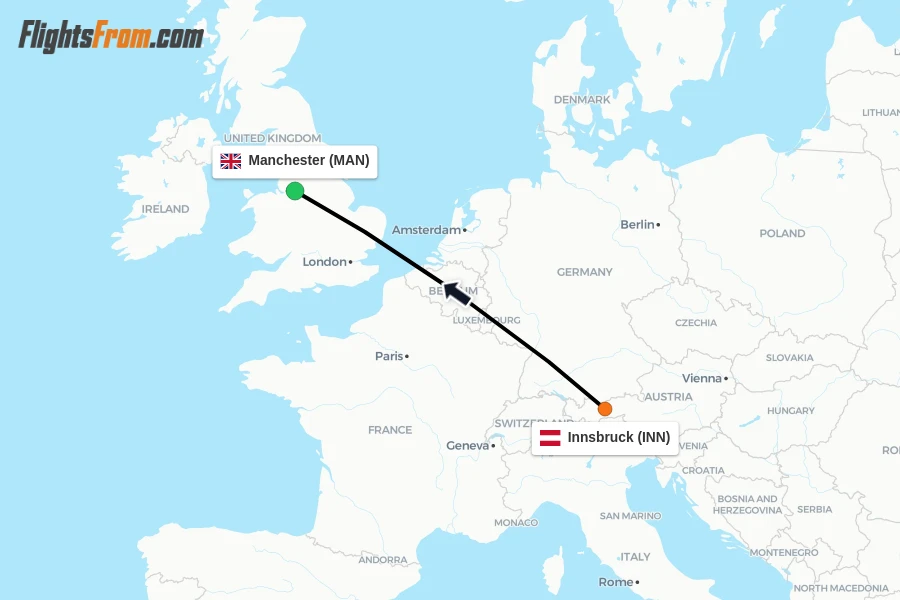 Flights from Innsbruck to Manchester route map