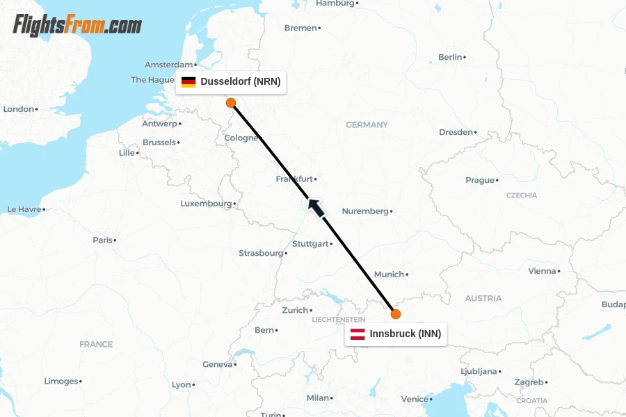 Flights from Innsbruck to Dusseldorf route map