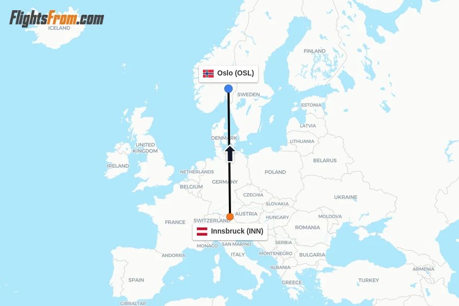 Flights from Innsbruck to Oslo route map