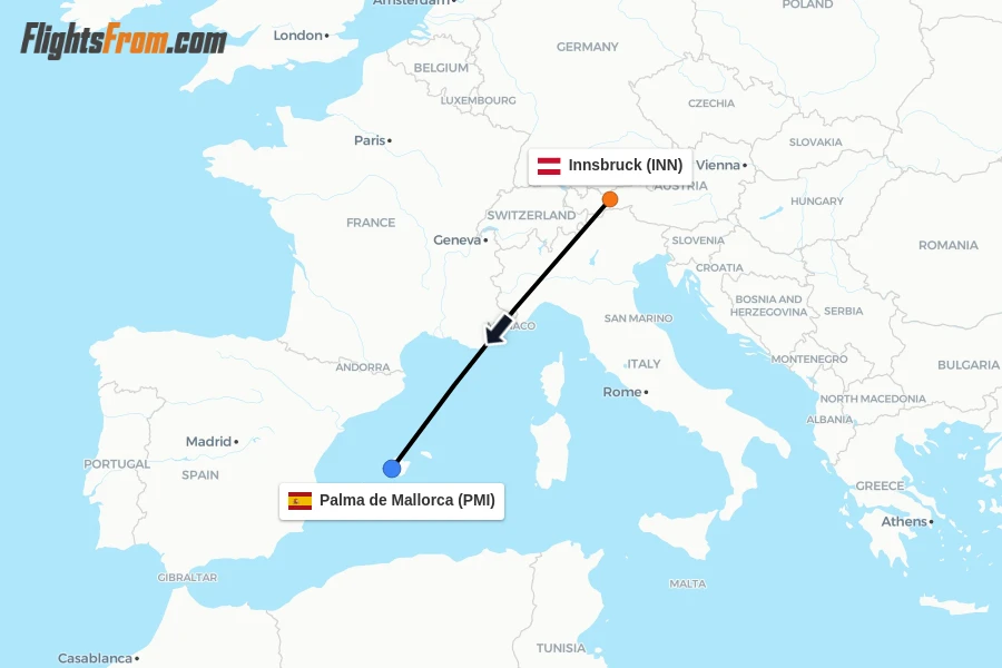 Flights from Innsbruck to Palma de Mallorca route map