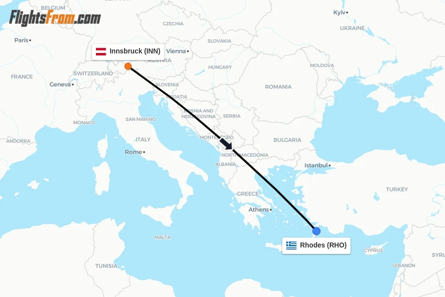 Flights from Innsbruck to Rhodes route map