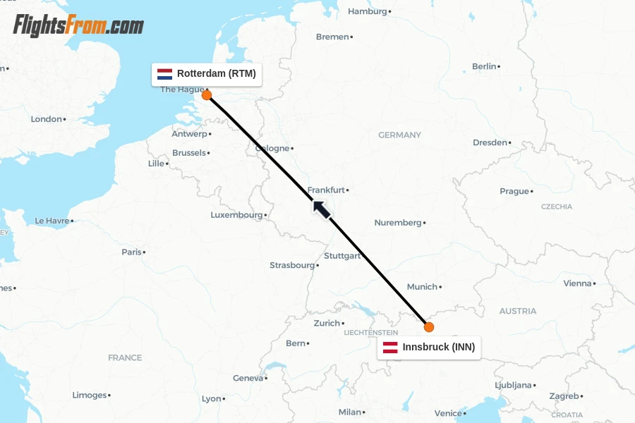 Flights from Innsbruck to Rotterdam route map