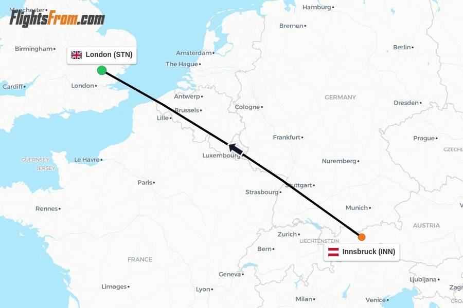 Flights from Innsbruck to London route map